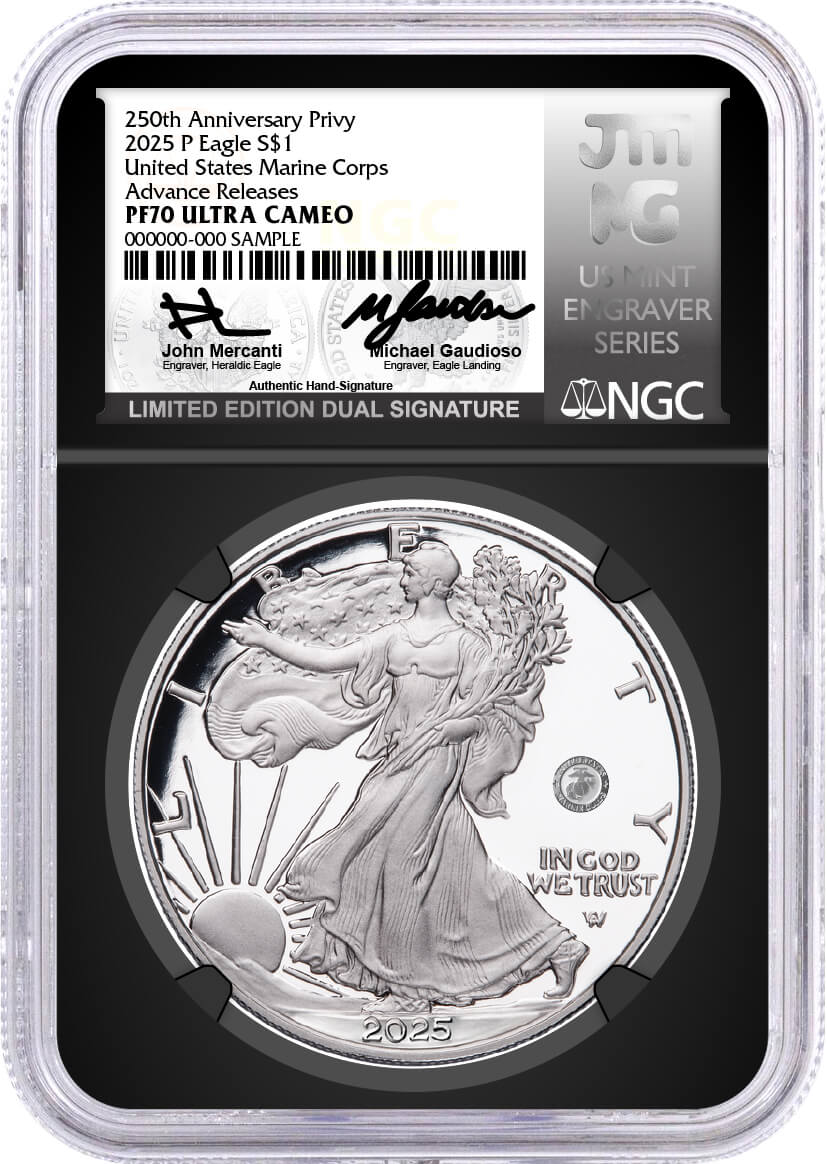 2025 P $1 1oz Silver Eagle 250th Anniv U.S. Marine Corps Privy NGC PF70 UCAM Advance Releases Mercanti/Gaudioso Signed Limited Edition Dual Signature Mint Engraver Series Black Core with OGP