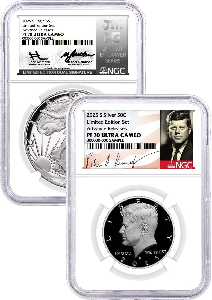 2025 S Limited Edition Silver Proof Set Kennedy NGC PF70 UCAM AR Facsimile Label and Silver Eagle NGC PF70 UCAM AR Mercanti/Gaudioso Signed Limited Edition Dual Signature Mint Engraver Series with 6 Coin Bonus in OGP