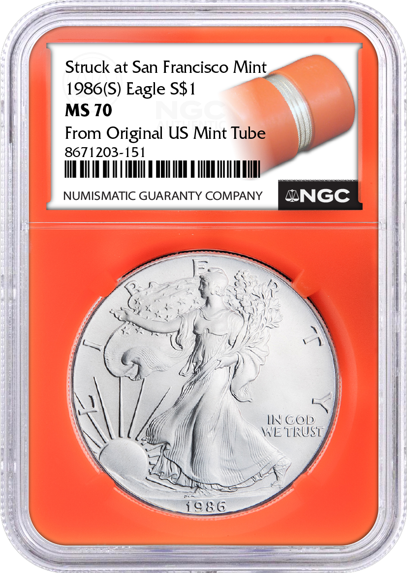 1986 (S) $1 1 oz Struck at San Francisco Silver Eagle NGC MS70 From Original US Mint Tube Orange Core