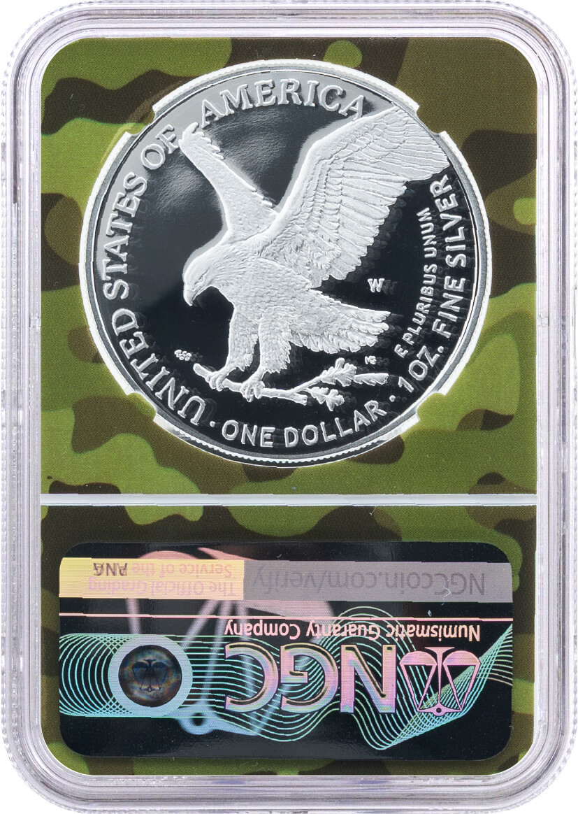 2025 W $1 1oz Silver Eagle 250th Anniversary United States Army Privy NGC PF70 UCAM First Day of Issue Gaudioso Signed Army Camo Core and Label with OGP