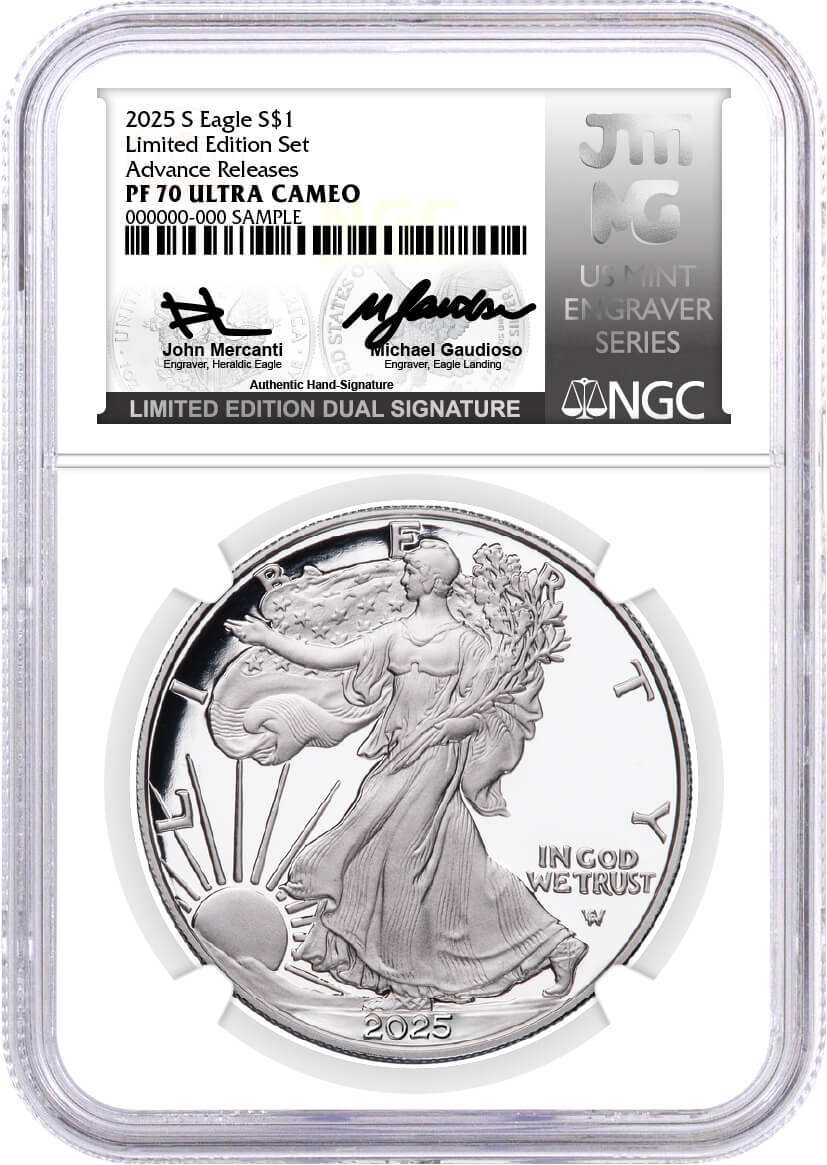 2025 S Limited Edition Silver Proof Set Kennedy NGC PF70 UCAM AR Facsimile Label and Silver Eagle NGC PF70 UCAM AR Mercanti/Gaudioso Signed Limited Edition Dual Signature Mint Engraver Series with 6 Coin Bonus in OGP