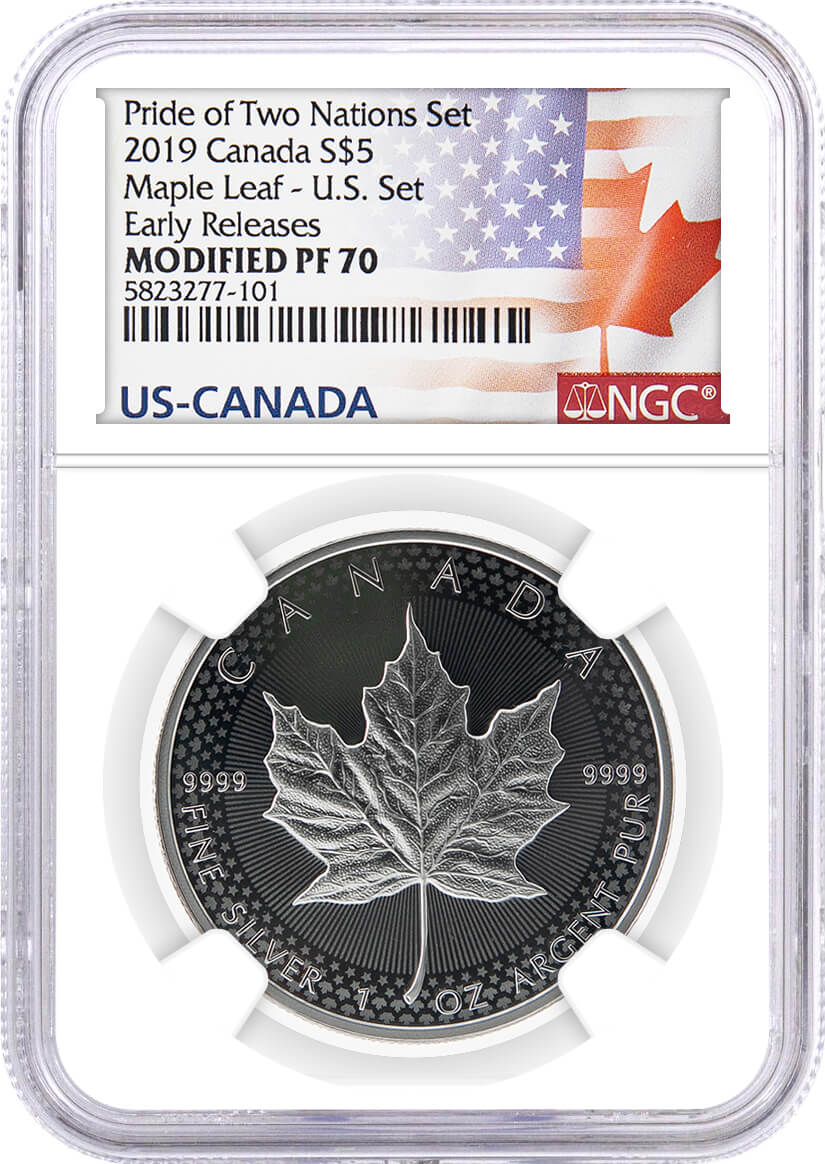 2019 Pride of Two Nations U.S. Set W $1 Silver Eagle NGC Enhanced Rev PF70 Mercanti/Gaudioso Signed Limited Edition Dual Signature MES + Canada $5 Maple Leaf NGC Modified PF70 US Canada Label 