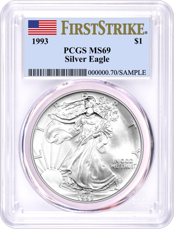 1993 $1 Silver Eagle PCGS MS69 First Strike Flag Label