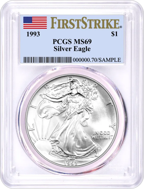 1993 $1 Silver Eagle PCGS MS69 First Strike Flag Label