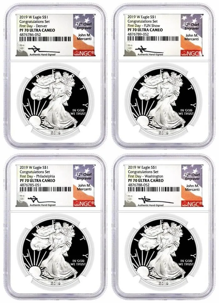 2019 W Proof Silver Eagle Congratulations Set 4 Coin Mint Locations Set NGC PF70 UCAM First Day of Issue Mercanti Signed with 10 Coin Vault