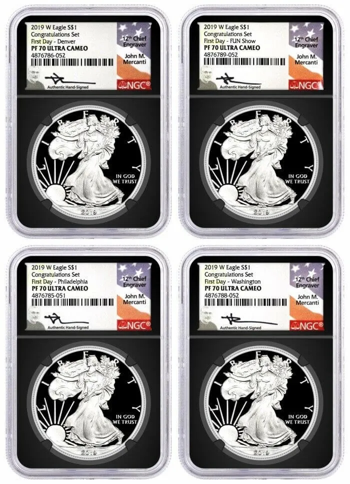 2019 W Proof Silver Eagle Congratulations Set 4 Coin Mint Locations Set NGC PF70 UCAM First Day of Issue Mercanti  Signed Black Core with 10 Coin Vault
