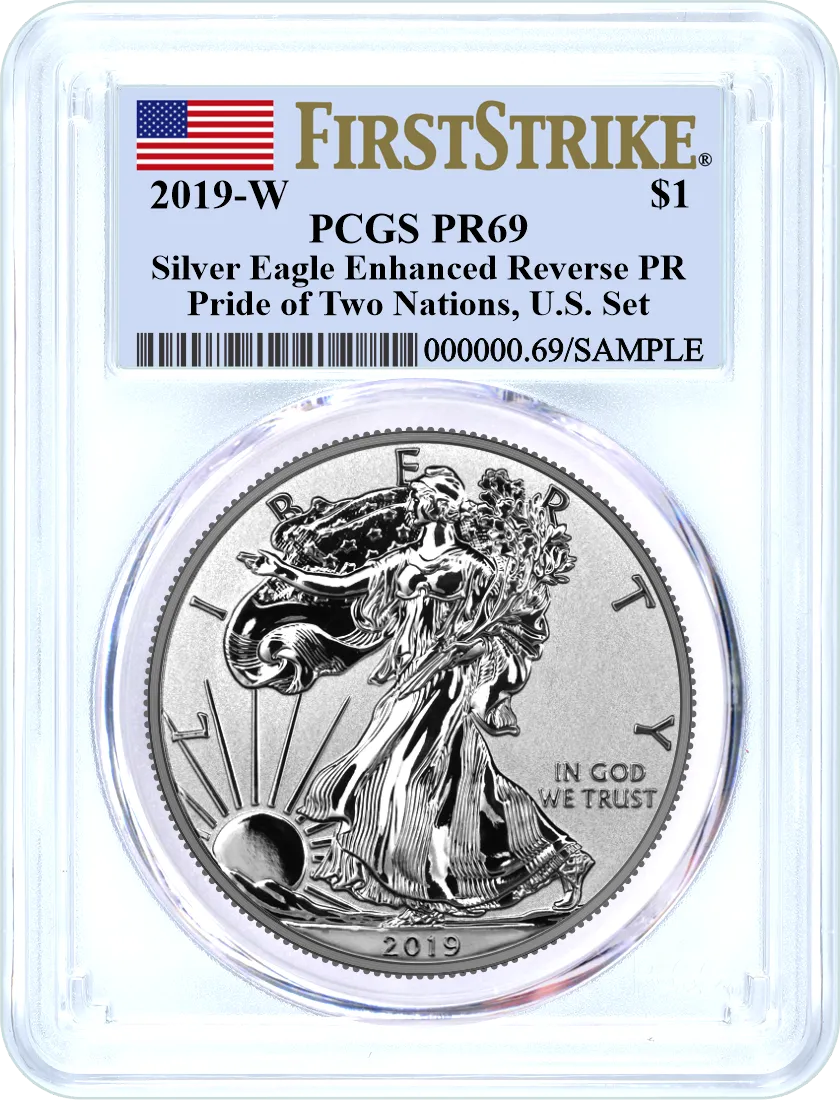 2019 W $1 Pride of Two Nations Silver Eagle Enhanced Reverse Proof PCGS PR69 First Strike Flag Label