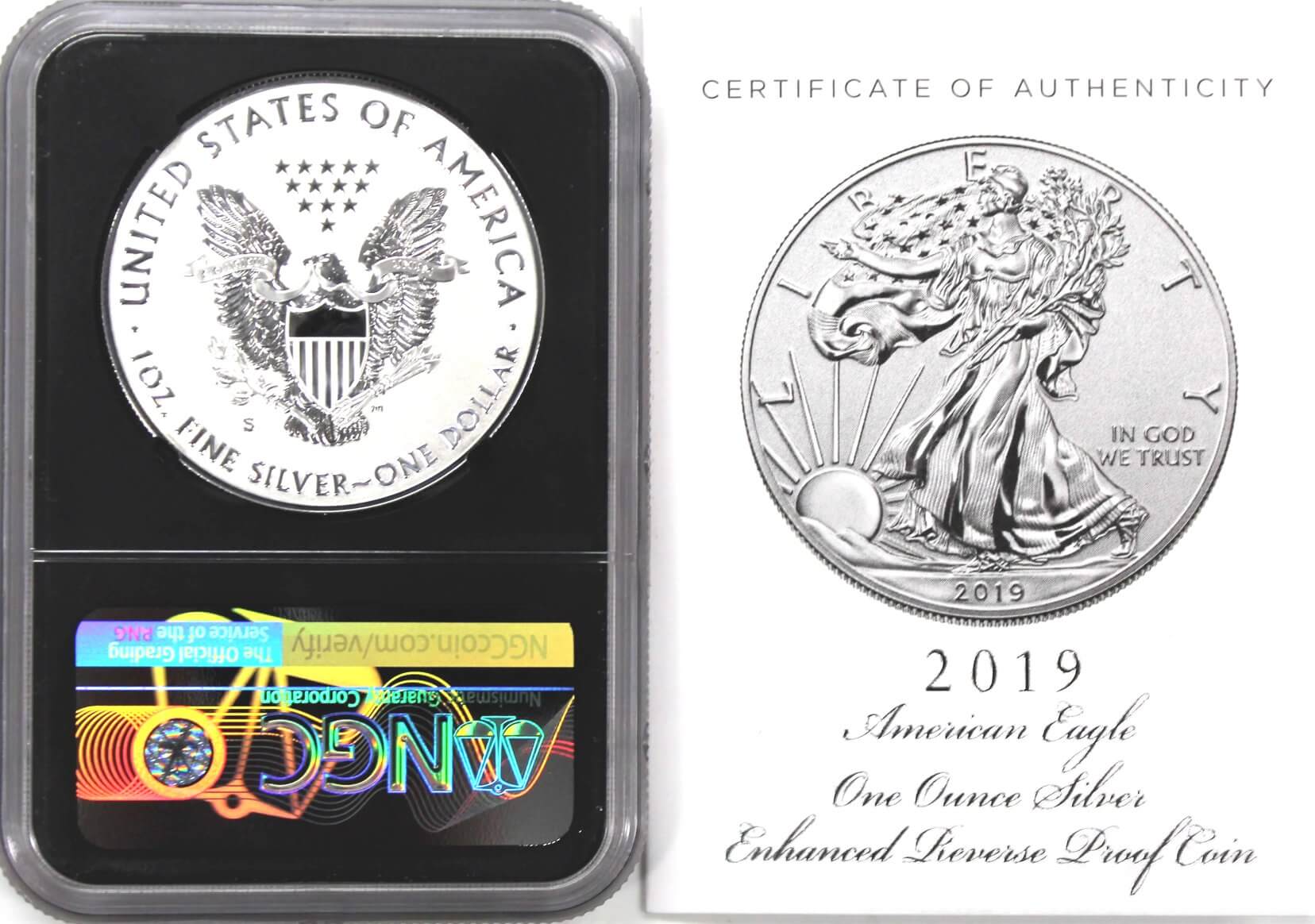 2019 S Enhanced Reverse Proof Silver Eagle NGC PF70 First Day of Issue Mercanti Signed w/ Case 