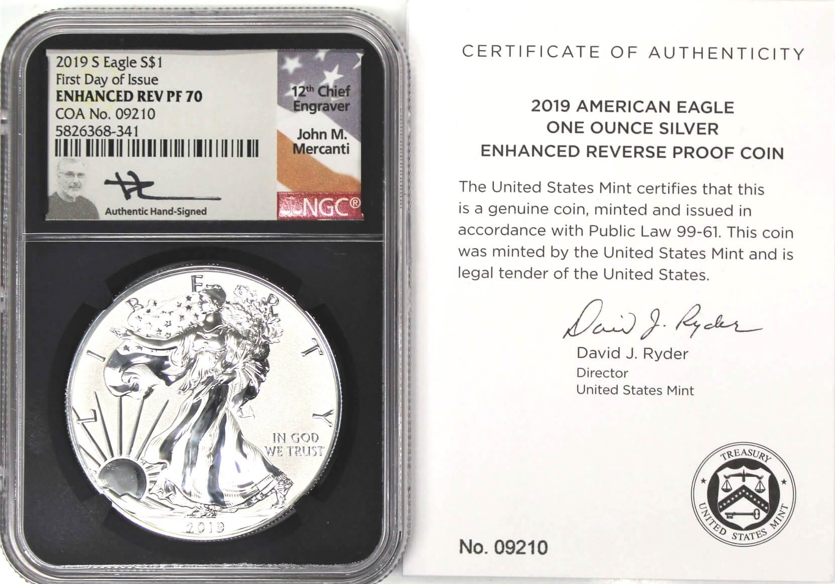 2019 S Enhanced Reverse Proof Silver Eagle NGC PF70 First Day of Issue Mercanti Signed w/ Case 