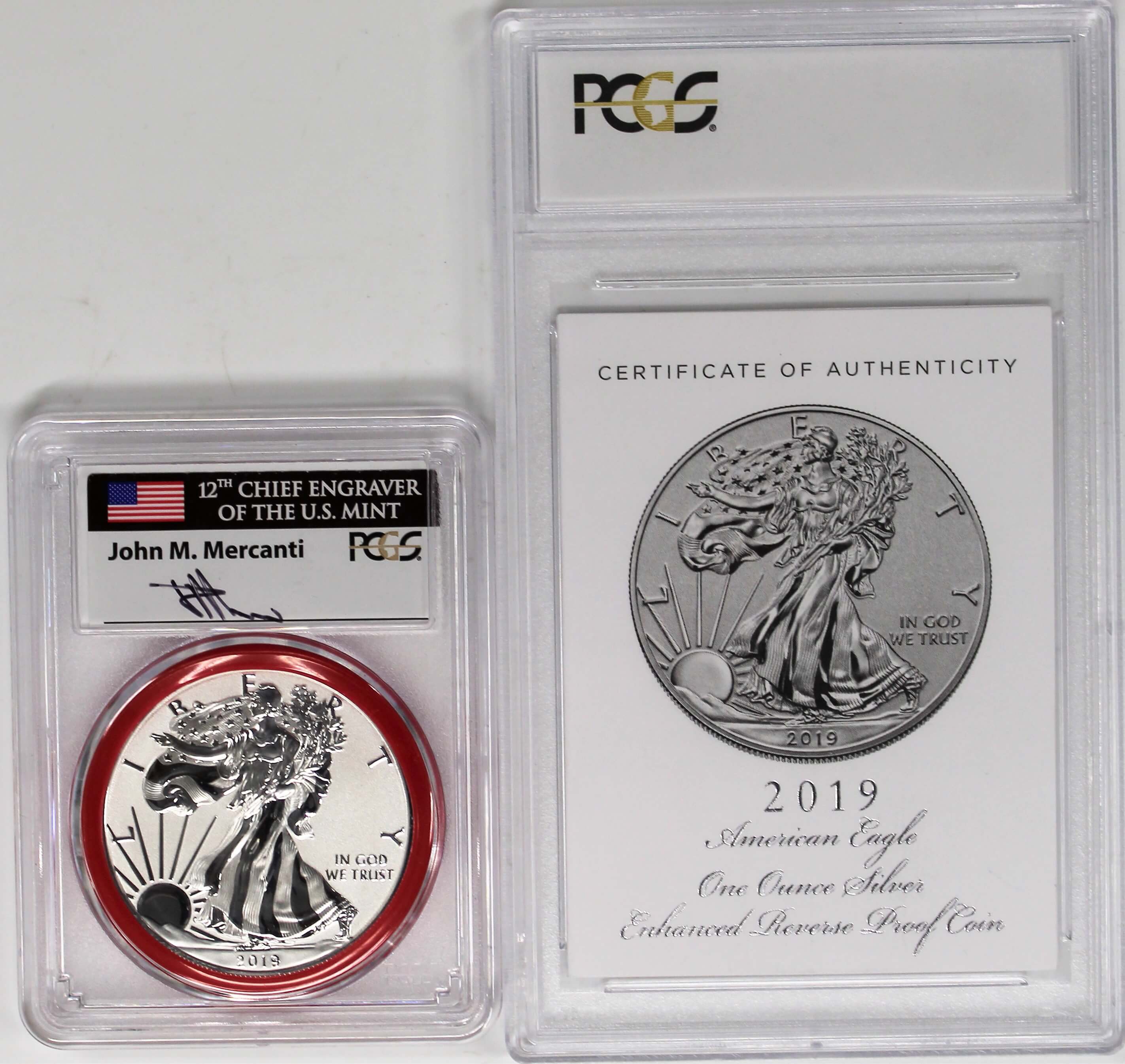 2019 S Enhanced Reverse Proof Silver Eagle PCGS PR70 First Day of Issue Mercanti Signed Flag Mint Engraver Series w/ Case