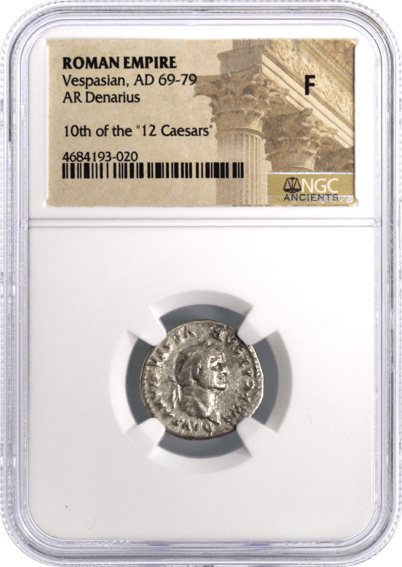 Roman Empire 69-79 A.D. Vespasian AR Denarius NGC F-Choice VF '10th of the 12 Caesars' Label