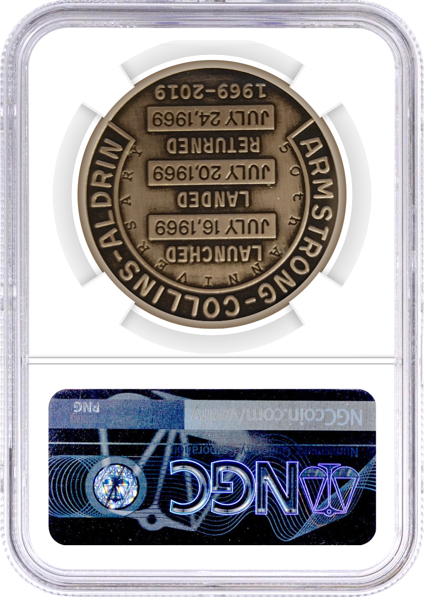 2019 Apollo 11 50th Anniversary 1oz Silvered Clad Robbins Medal Restrike NGC MS70 First Day of Issue