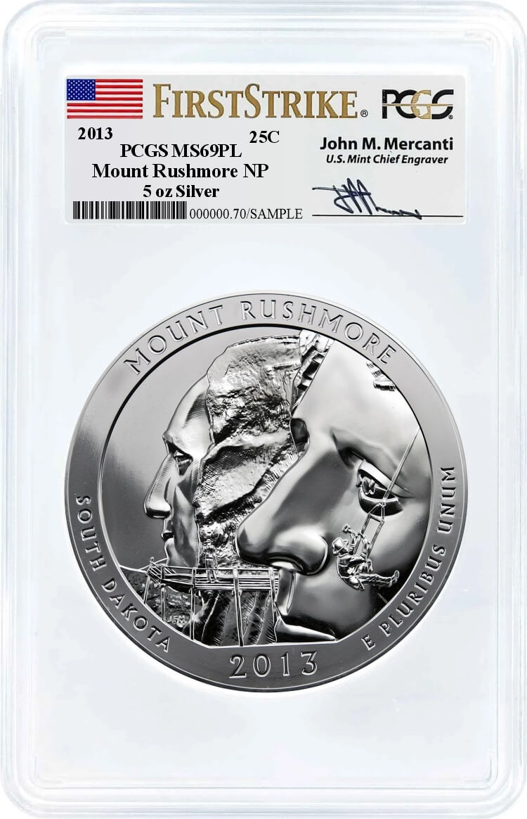 2013 ATB 5oz Silver Mount Rushmore PCGS MS69 PL First Strike Mercanti Signature