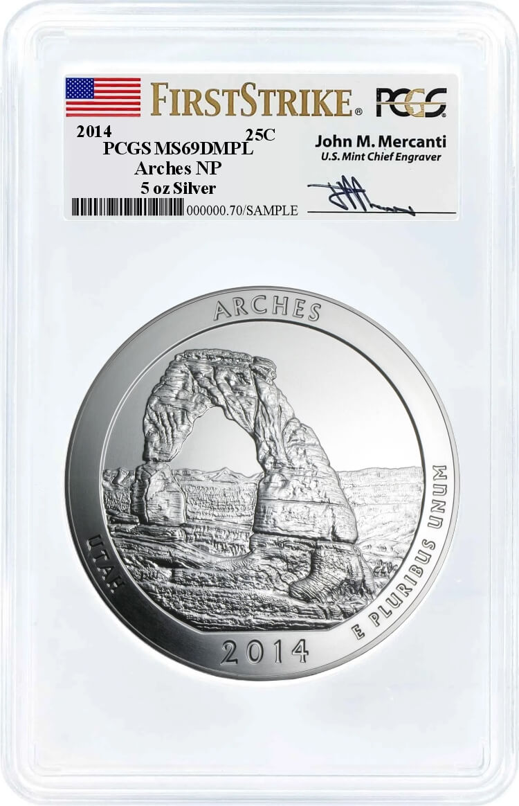 2014 ATB 5oz Silver Arches PCGS MS69 DMPL First Strike Mercanti Signature
