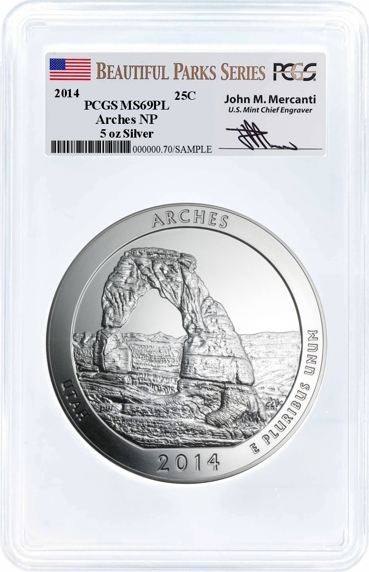 2014 ATB 5oz Silver Arches PCGS MS69 PL Mercanti Signature
