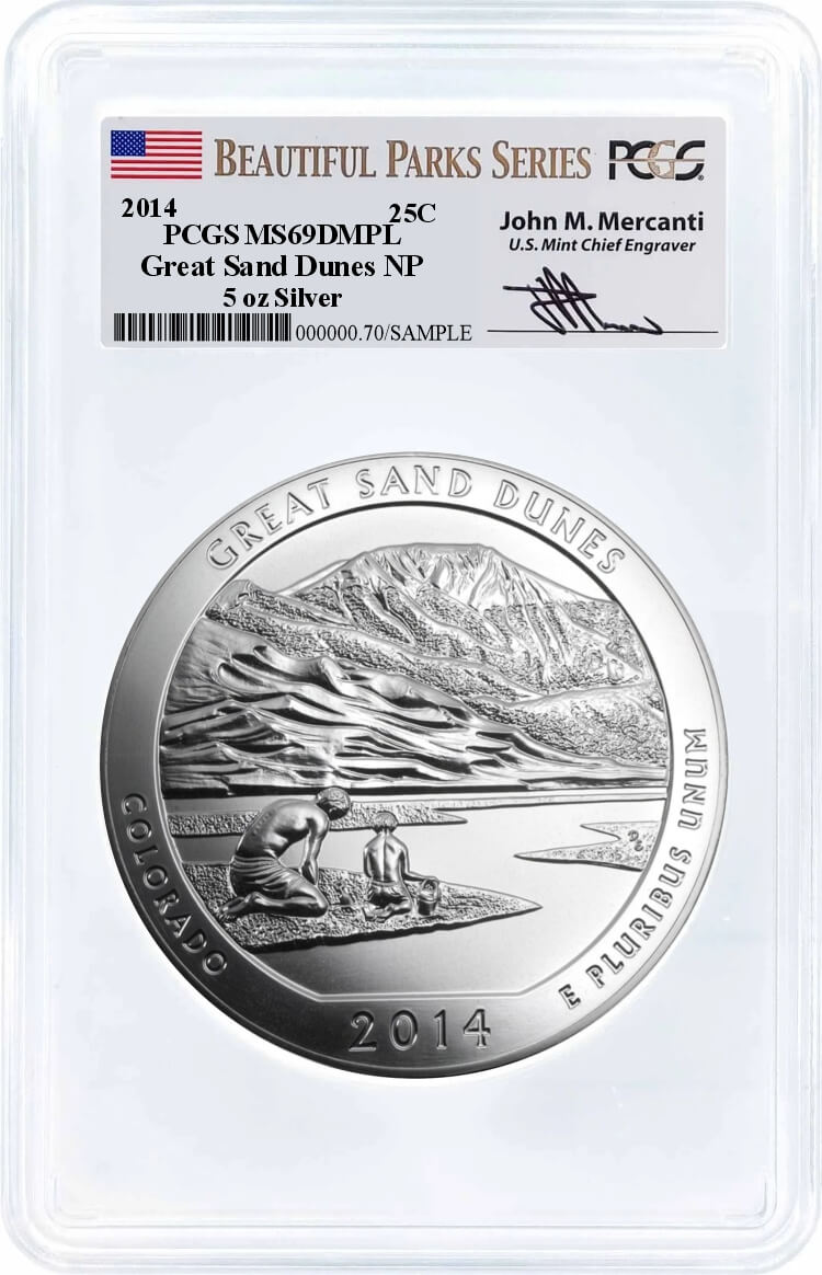 2014 ATB 5oz Silver Great Sand Dunes PCGS MS69 DMPL Mercanti Signature
