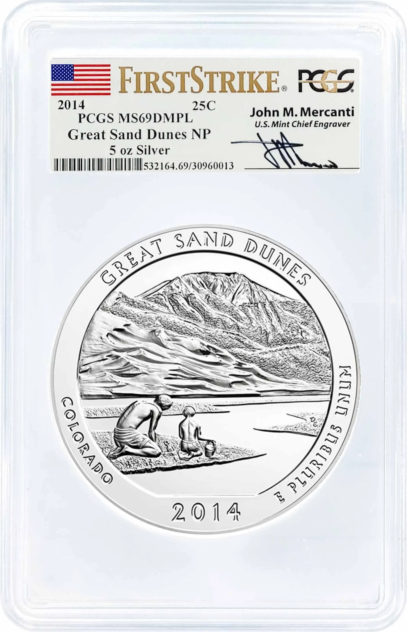 2014 ATB 5oz Silver Great Sand Dunes PCGS MS69 DMPL First Strike Mercanti Signature