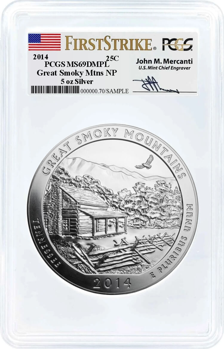 2014 ATB 5oz Silver Great Smoky Mountains PCGS MS69 DMPL First Strike Mercanti Signature