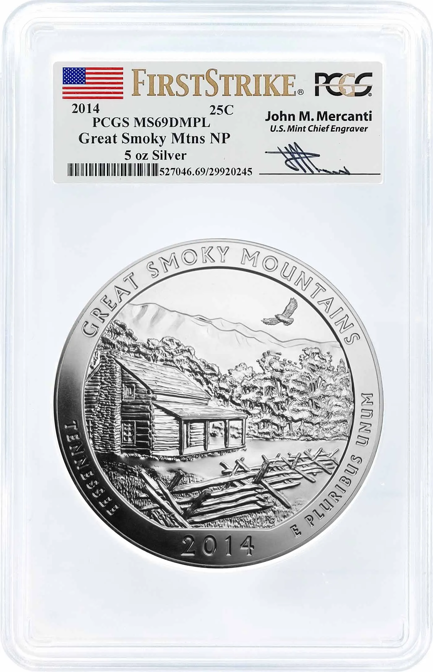 2014 ATB 5oz Silver Great Smoky Mountains PCGS MS69 DMPL First Strike Mercanti Signature