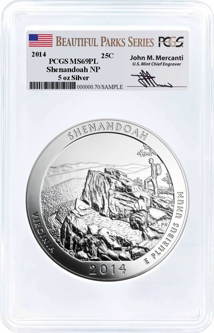 2014 ATB 5oz Silver Shenandoah PCGS MS69 PL Mercanti Signature