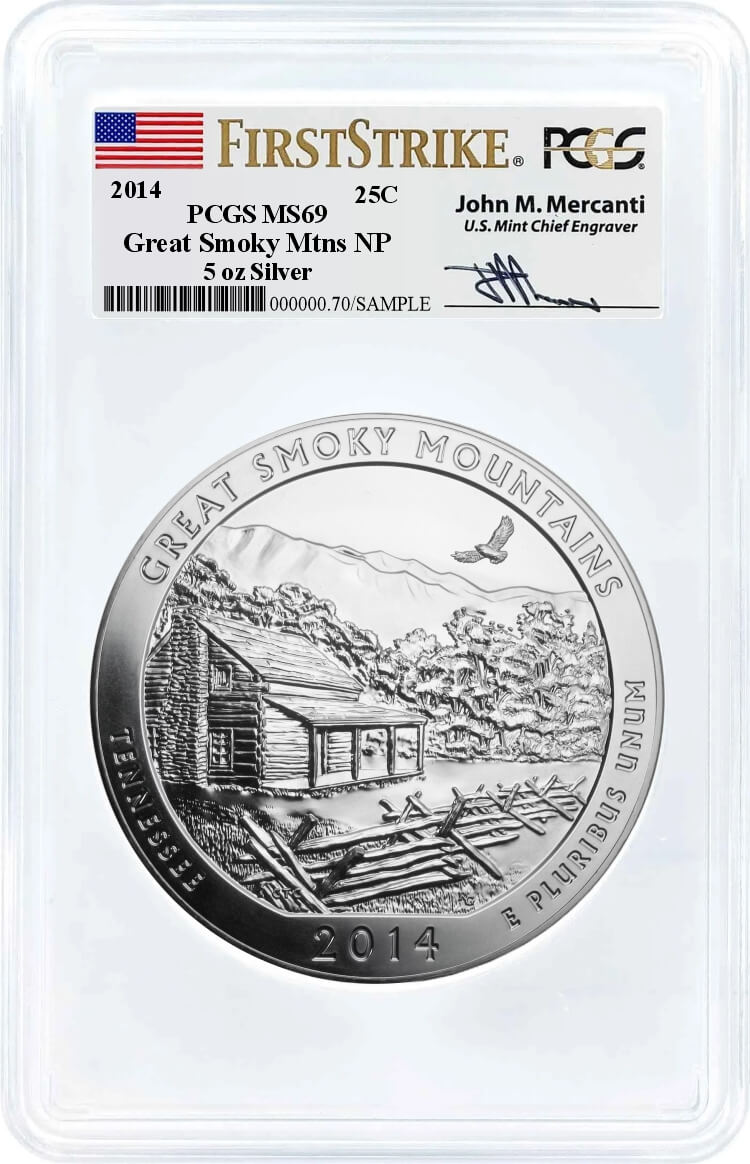 2014 ATB 5oz Silver Great Smoky Mountains PCGS MS69 First Strike Mercanti Signature
