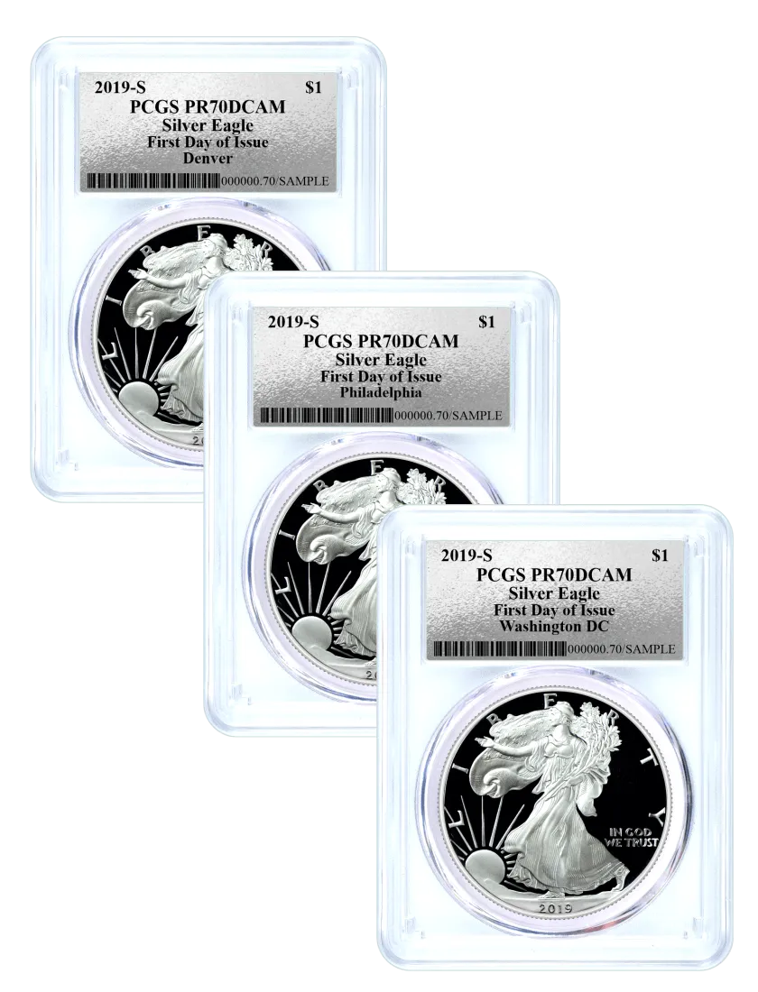 2019 S Proof Silver Eagle Mint locations 3 Coin Set PCGS PR70 DCAM First Day of Issue Silver Foil Label