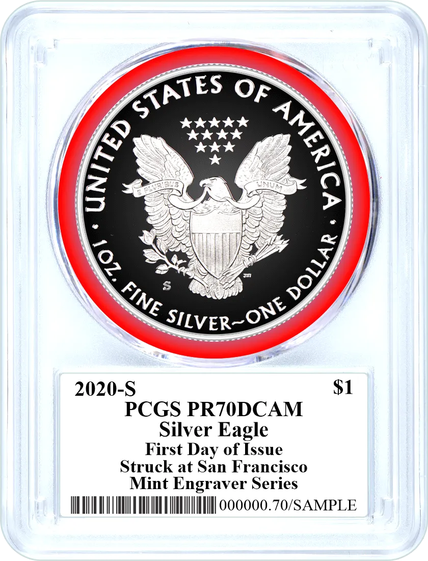 2020 S Proof Silver Eagle PCGS PR70 DCAM First Day of Issue Mercanti Signed Bridge Label Mint Engraver Series