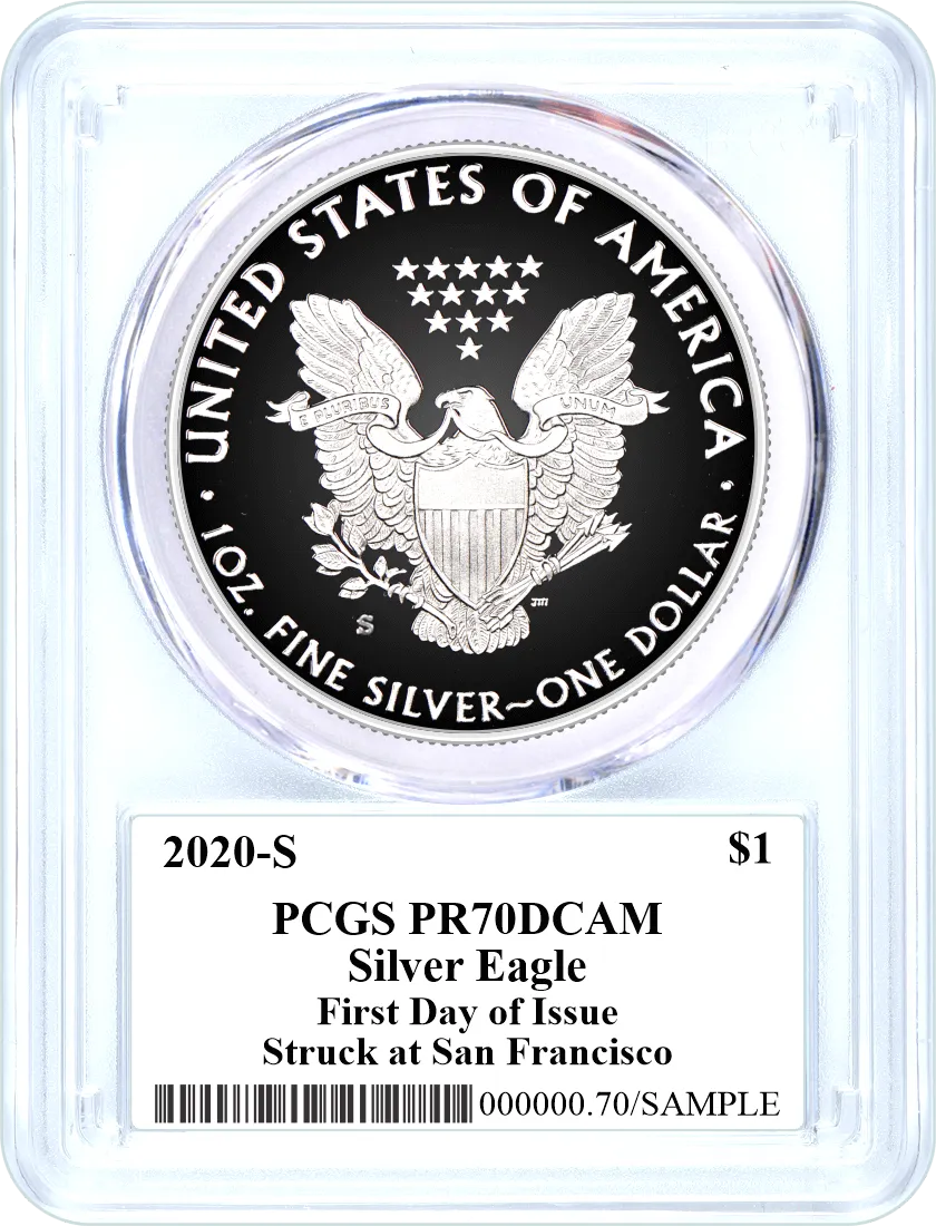 2020 S Proof Silver Eagle PCGS PR70 DCAM First Day of Issue Mercanti Signed Bridge Label