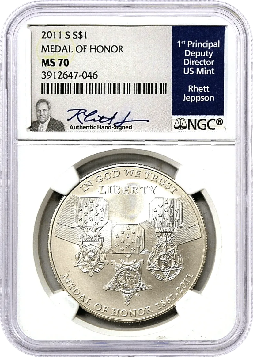 2011 S $1 Silver Medal of Honor Commemorative Dollar NGC MS70 Rhett Jeppson Signature