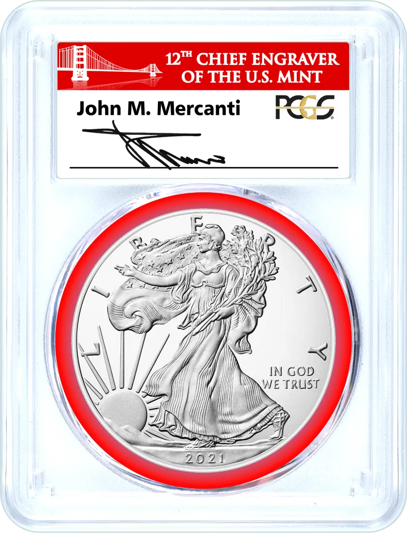 2021 (S) Silver Eagle Struck at San Francisco Emergency Issue Type 1 Heraldic Eagle PCGS MS70 First Day of Issue Mercanti Signed Bridge Label Mint Engraver Series