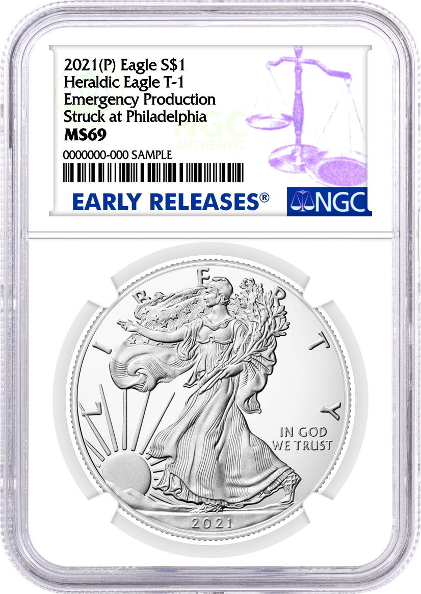 2021 $1 (P) Silver Eagle Heraldic Eagle Type 1 Struck at Philadelphia Emergency Production NGC MS69 Early Releases Blue Label