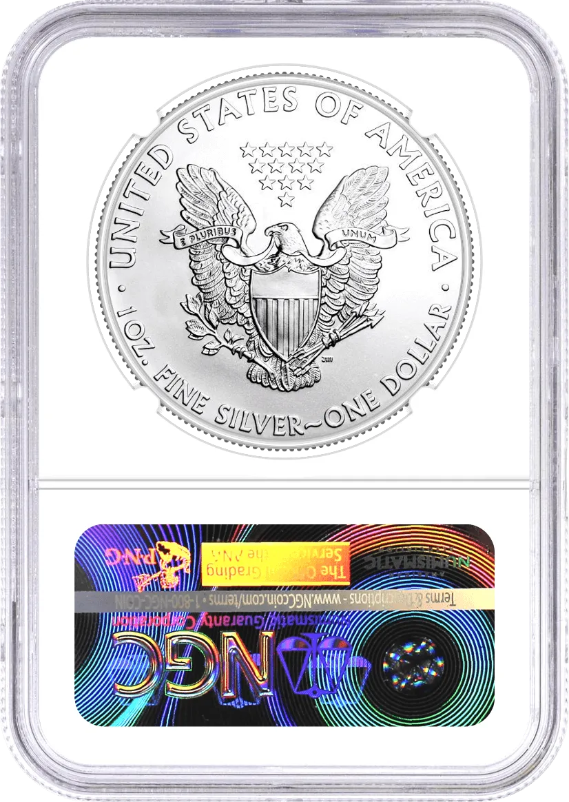 2021 $1 (P) $1 Silver Eagle Heraldic Eagle Type 1 Struck at Philadelphia Emergency Production NGC MS70 First Day of Issue Mercanti Signature U.S. Mint Engraver Series