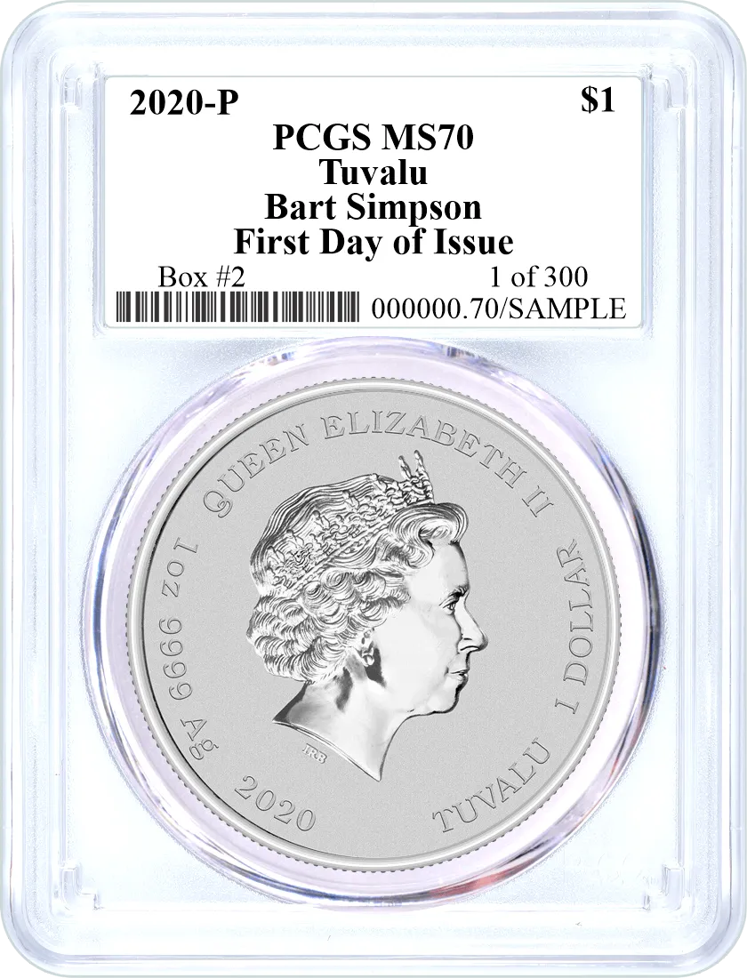 2020 P $1 Tuvalu Silver Bart Simpson PCGS MS70 First Day of Issue 1 of 300 Box #2
