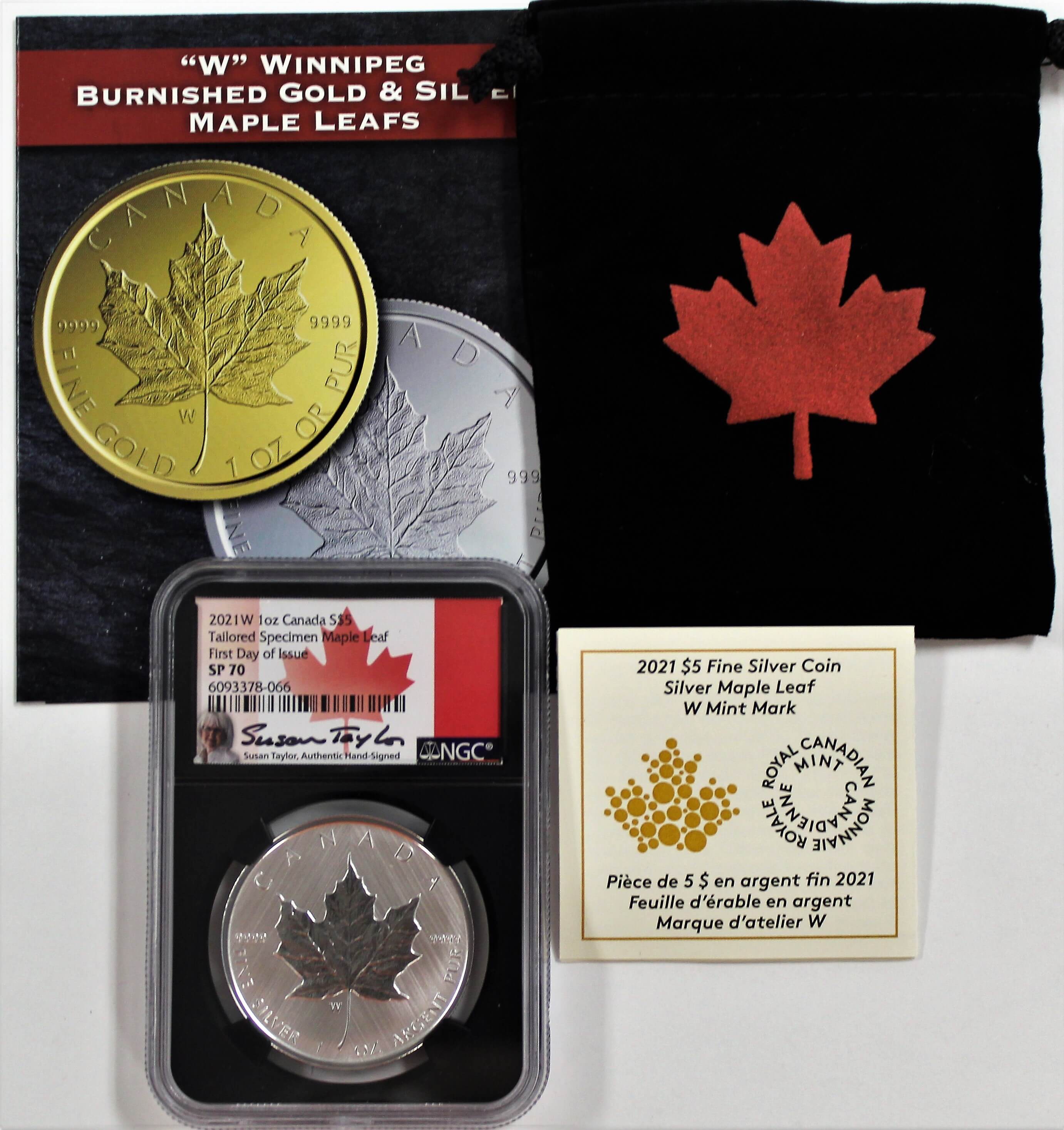 2021 W Canada $5 1 oz Silver Maple Leaf Tailored Specimen NGC SP70 First Day of Issue Susan Taylor Signed