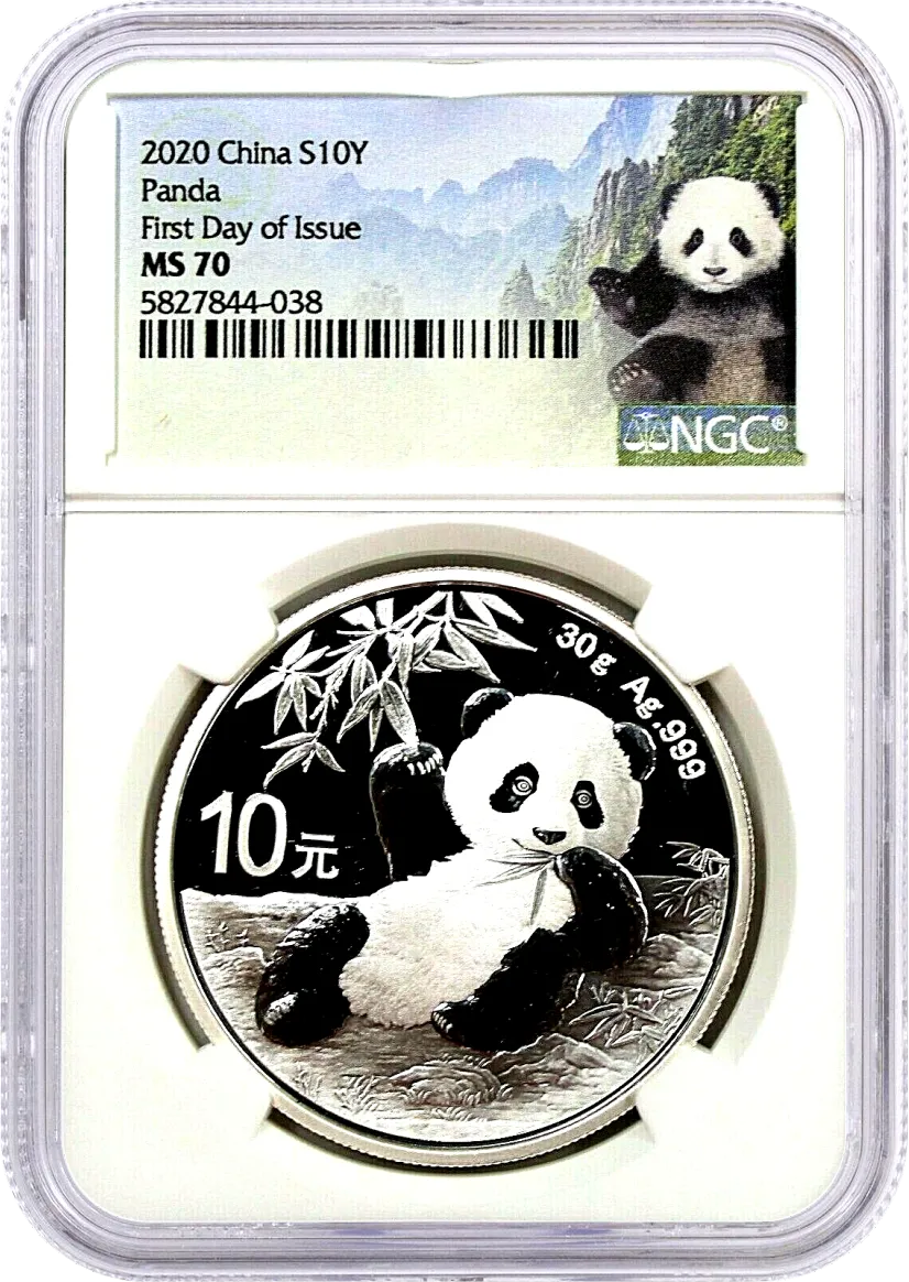 2020 China 10Y 30G Silver Panda NGC MS70 First Day of Issue Panda Label