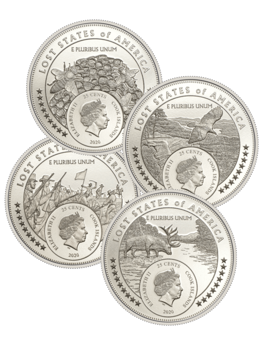 2020 Cook Islands .25 Lost States of America 4 Coin Set McDonald Franklin Deseret Jacinto in Collector Packaging with Bonus Lost States Book