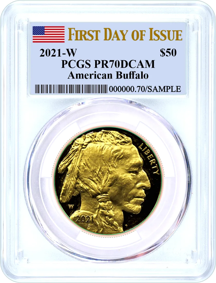 2021 W $50 Proof 24K Gold Buffalo PCGS PR70 DCAM First Day of Issue Flag Label