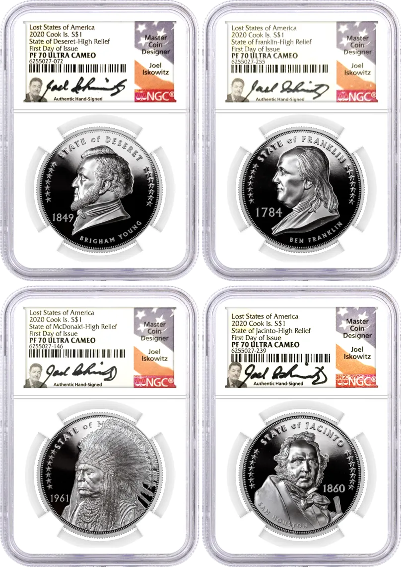 2020 Cook Islands $1 Lost States of America 4 Coin Silver Proof Set High Relief McDonald Franklin Deseret Jacinto NGC PF70 Ultra Cameo First Day of Issue Joel Iskowitz Signature