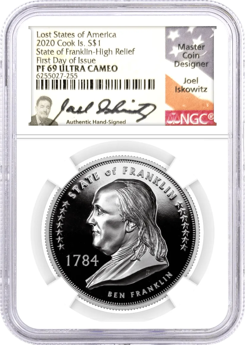 2020 Cook Islands $1 Lost States of America 4 Coin Silver Proof Set High Relief McDonald Franklin Deseret Jacinto NGC PF69 Ultra Cameo First Day of Issue Joel Iskowitz Signature