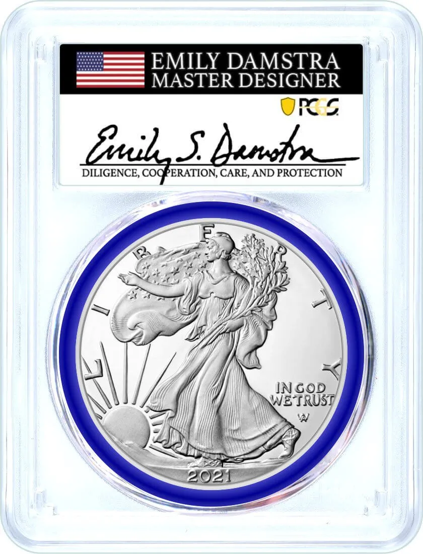 2021 (W) Silver Eagle Struck at West Point Type 2 PCGS MS70 First Strike Damstra Signed Mint Designer Series