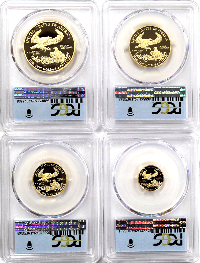 2021 W Proof Gold Eagle 4 Coin Set Type 1 PCGS PR69 DCAM First Day of Issue Flag Label Black Shield