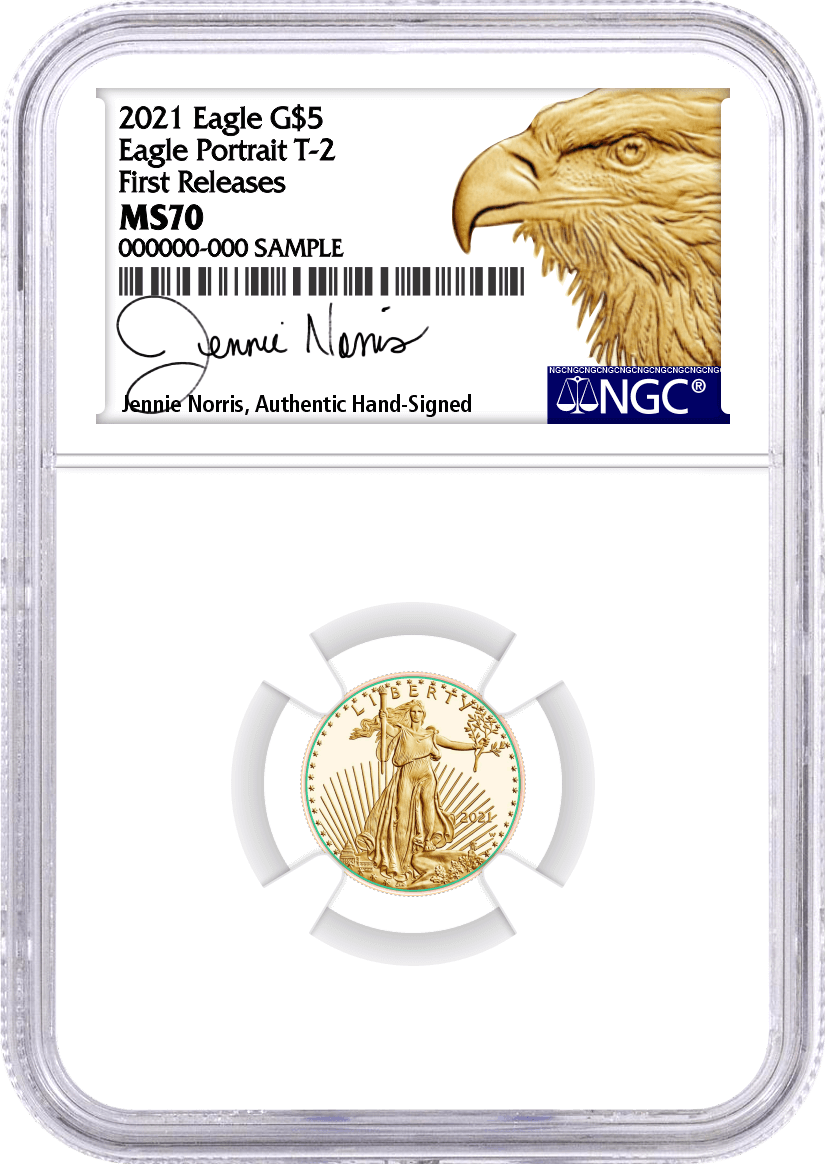 2021 $5 1/10 oz. Gold Eagle Type 2 Eagle Portrait NGC MS70 First Releases Norris Signed