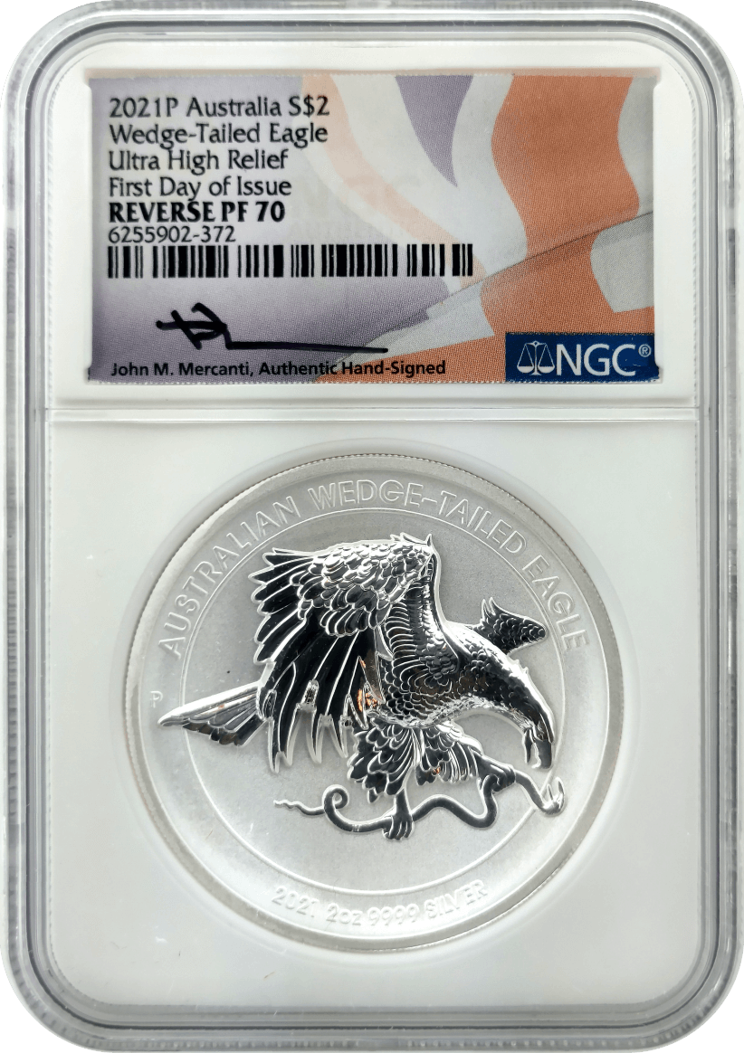 2021 P  $2 Australia 2oz Proof Silver Wedge Tailed Eagle Ultra High Relief NGC PF70 First Day of Issue Mercanti Signed