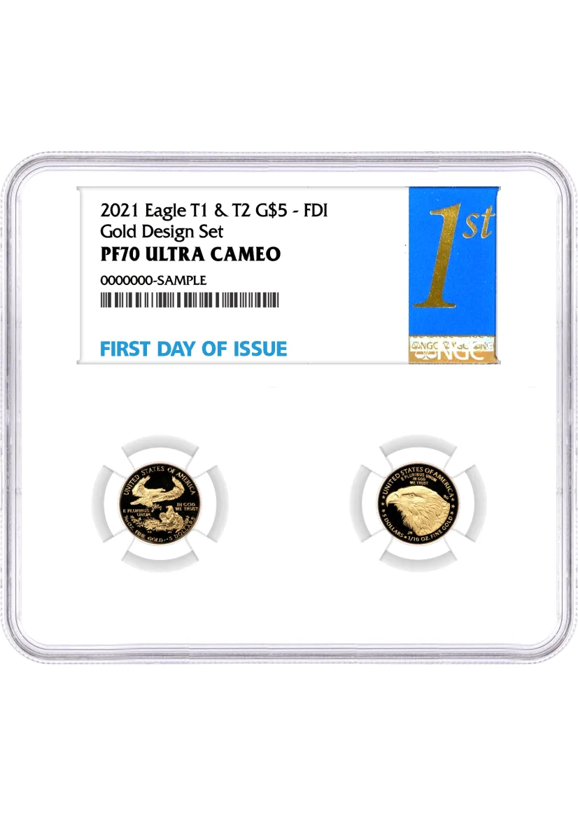 2021 W $5 Proof American Gold Eagle Designer Edition 2-Coin Set NGC PF70 UCAM First Day of Issue 1st Label Multiholder