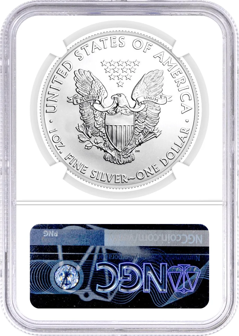 1986 (S) $1 Silver Eagle NGC MS69 Mercanti Signed Flag Label