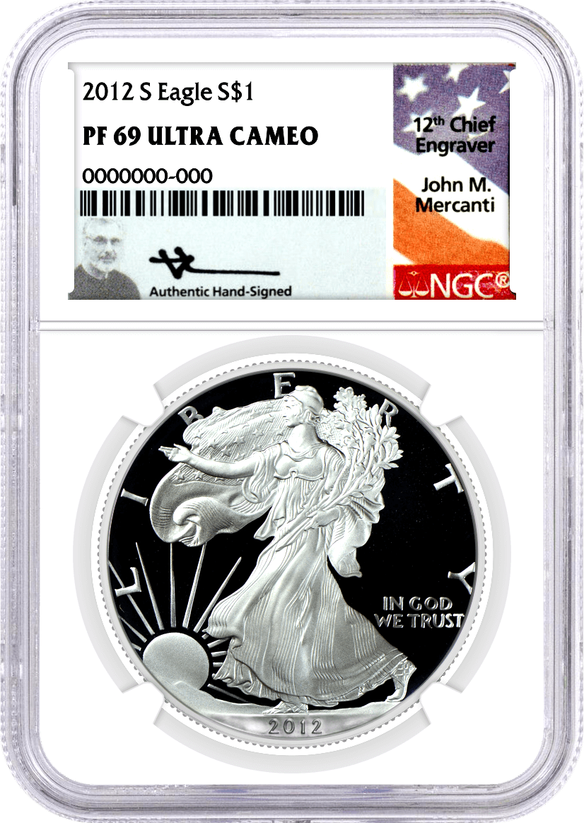 2012 S $1 Proof Silver Eagle NGC PF69 UCAM Mercanti Signed Flag Label