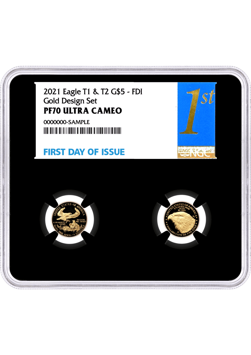 2021 W $5 Proof American Gold Eagle Designer Edition 2-Coin Set NGC PF70 UCAM First Day of Issue 1st Label Multiholder Black Core