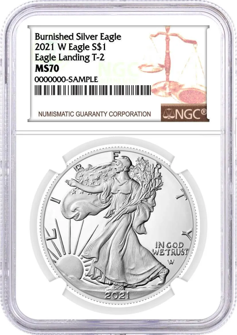 2021 W $1 Burnished Silver Eagle Type 2 NGC MS70 Brown Label
