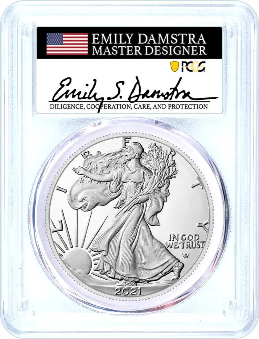 2021 (S) $1 Silver Eagle Type 2 Struck at San Francisco Emergency Issue PCGS MS70 First Day of Issue Damstra Signature Flag Label
