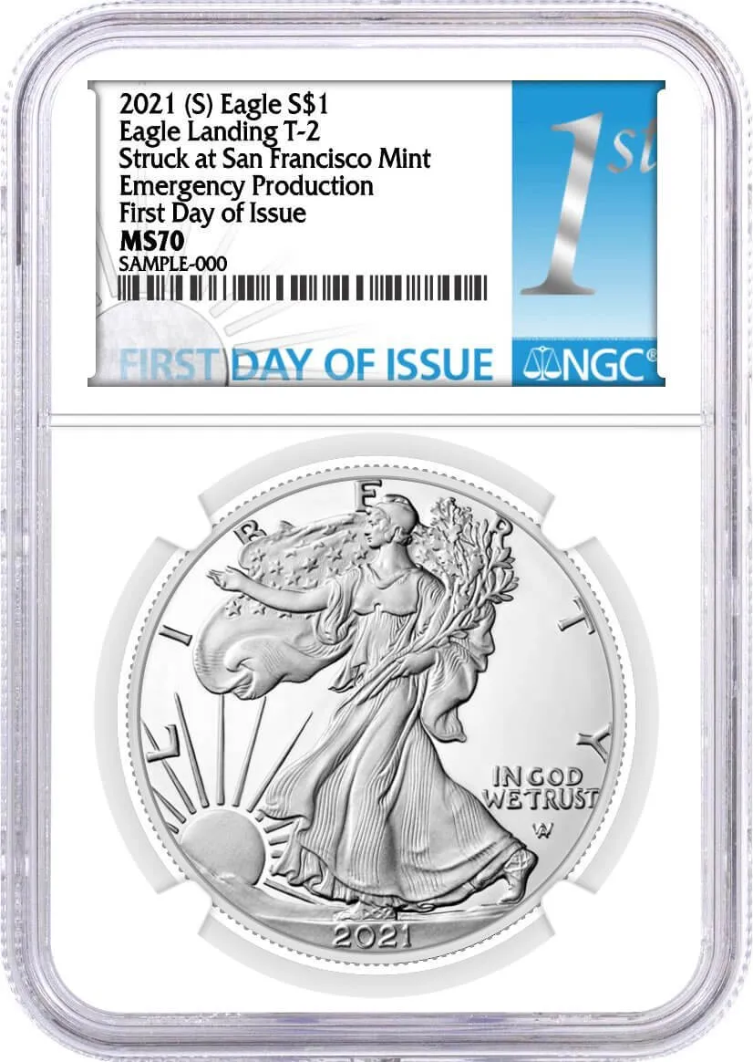 2021 (S) $1 Silver Eagle Type 2 Struck at San Francisco Emergency Production NGC MS70 First Day of Issue 1st Label